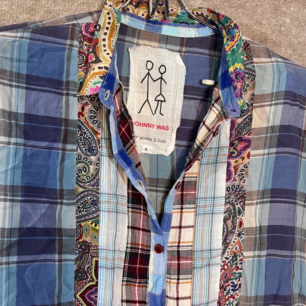 Johnny Was Plaid Patchwork Button Down Women Small Mixed Print Plaid Boho Chic